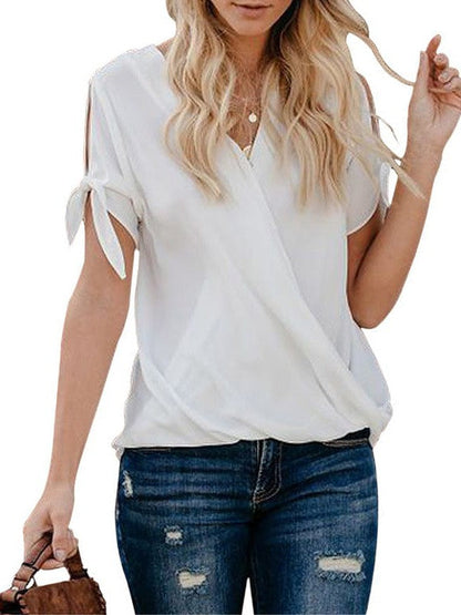 Stylish Loose Fit Chiffon Top with Pleats for Women - Solid Color Pullover with Short Sleeves