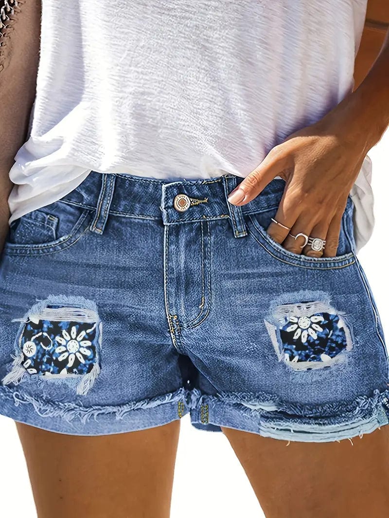 Stylish Mid-Waist Denim Shorts: Casual Chic with Ripped Details, Ideal for Spring/Summer, Machine Washable for Easy Care