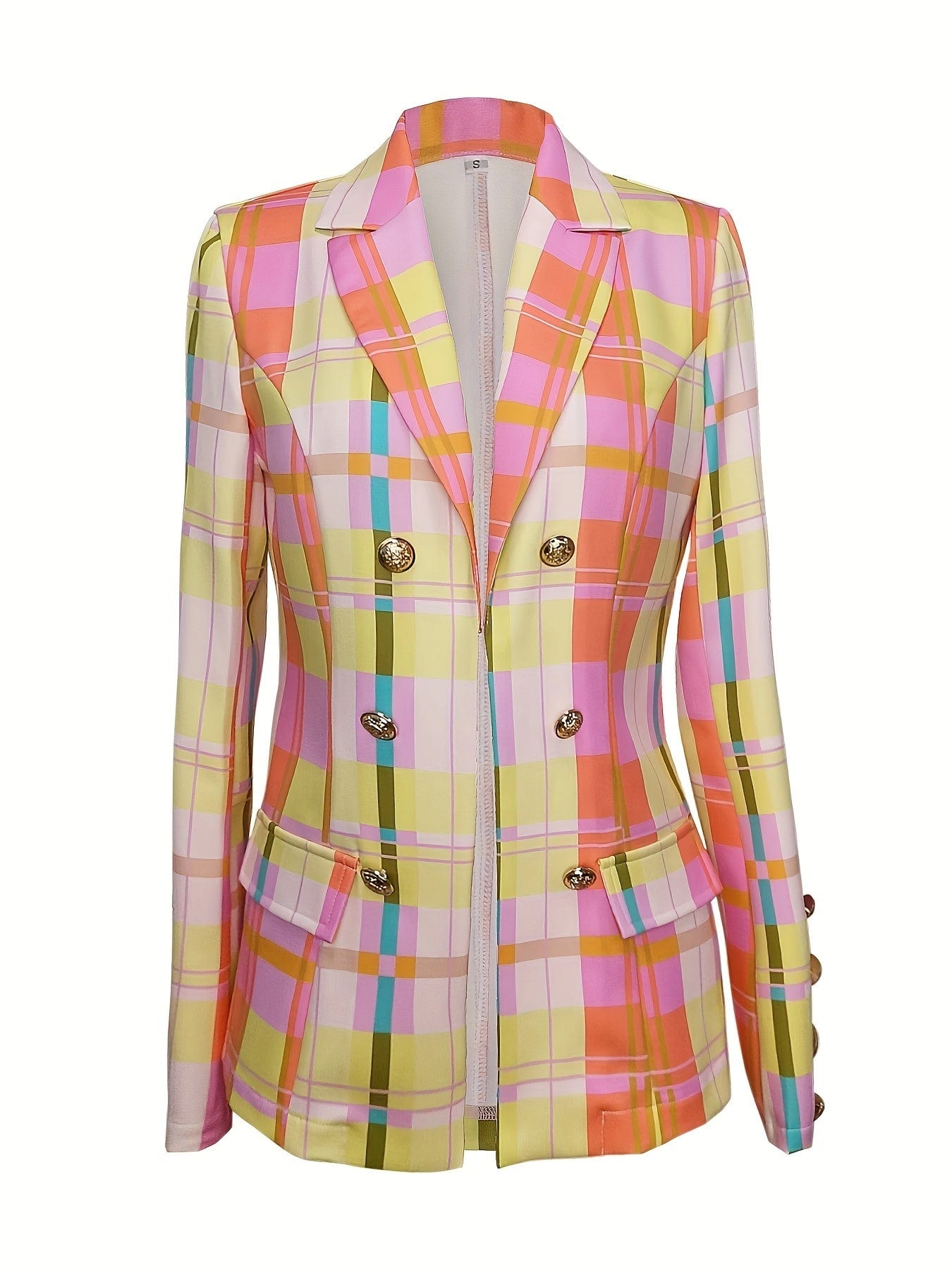 Stylish Plaid Print Double-Breasted Open-Front Lapel Blazer