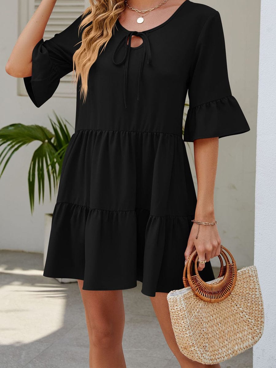 Stylish Pleated Ruffle Short Sleeve Mini Dress