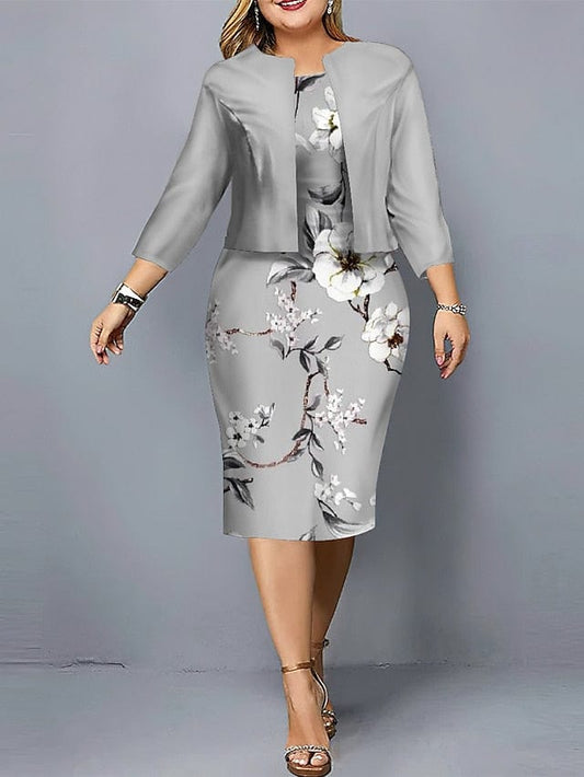 Stylish Plus Size Floral Geometric Print Two-Piece Dress for Women