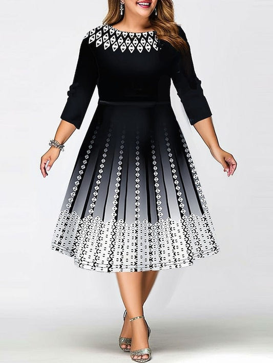 Stylish Plus Size Geometric Print Midi Dress for Winter Parties