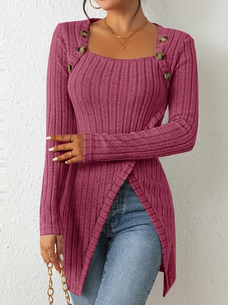 Stylish Ribbed Long Sleeve Top with Asymmetrical Hem & Button Detail for Women
