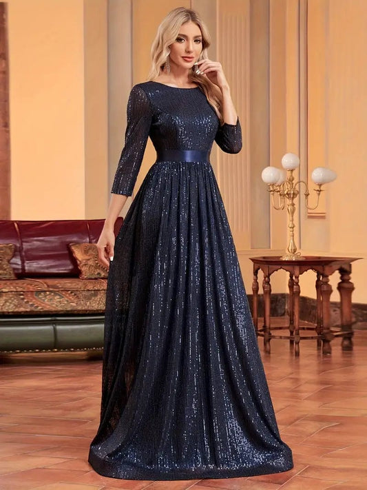 Stylish Sequin Dress with Three-quarter Sleeves, Chic Crewneck Empress Gown for Parties & Banquets, Women's Garment