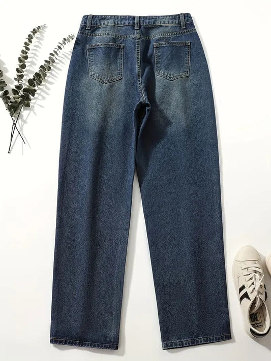 Stylish Single-breasted Denim Trousers with Rolled Hem, Relaxed Fit Straight Leg Women's Jeans & Apparel