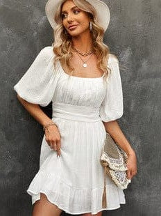 Stylish Square Neck Long-Sleeve Ruffled Dress in Solid Colors