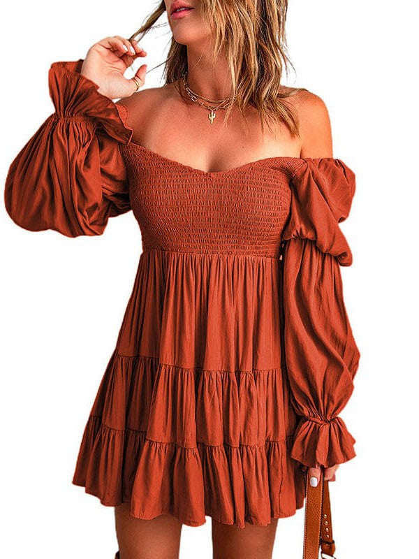 Stylish Square Neck Long-Sleeve Ruffled Dress in Solid Colors