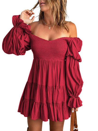 Stylish Square Neck Long-Sleeve Ruffled Dress in Solid Colors