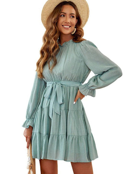 Stylish Strap Waist High Neck Long Sleeve Dress with Solid Color Skirt