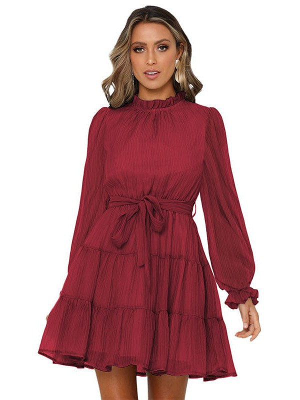 Stylish Strap Waist High Neck Long Sleeve Dress with Solid Color Skirt