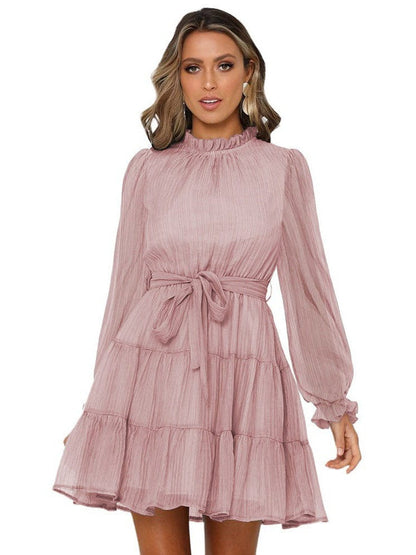 Stylish Strap Waist High Neck Long Sleeve Dress with Solid Color Skirt