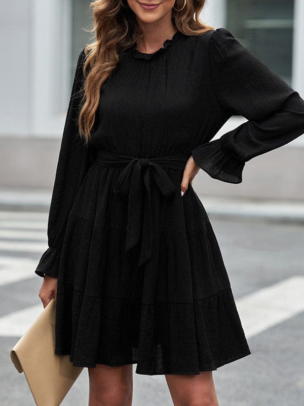 Stylish Strap Waist High Neck Long Sleeve Dress with Solid Color Skirt