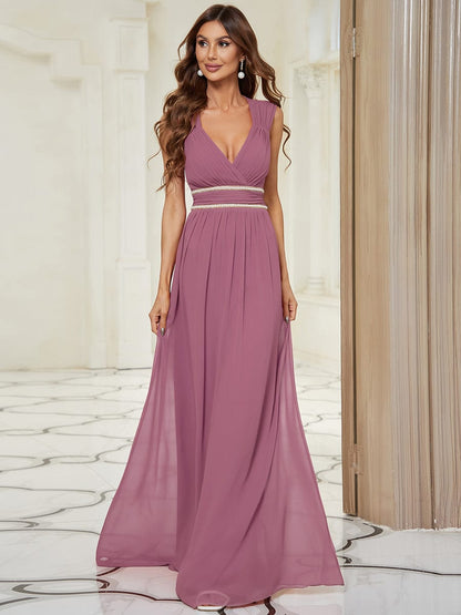 Stylish V Neck A-Line Bridesmaid Gown Featuring Waist Belt