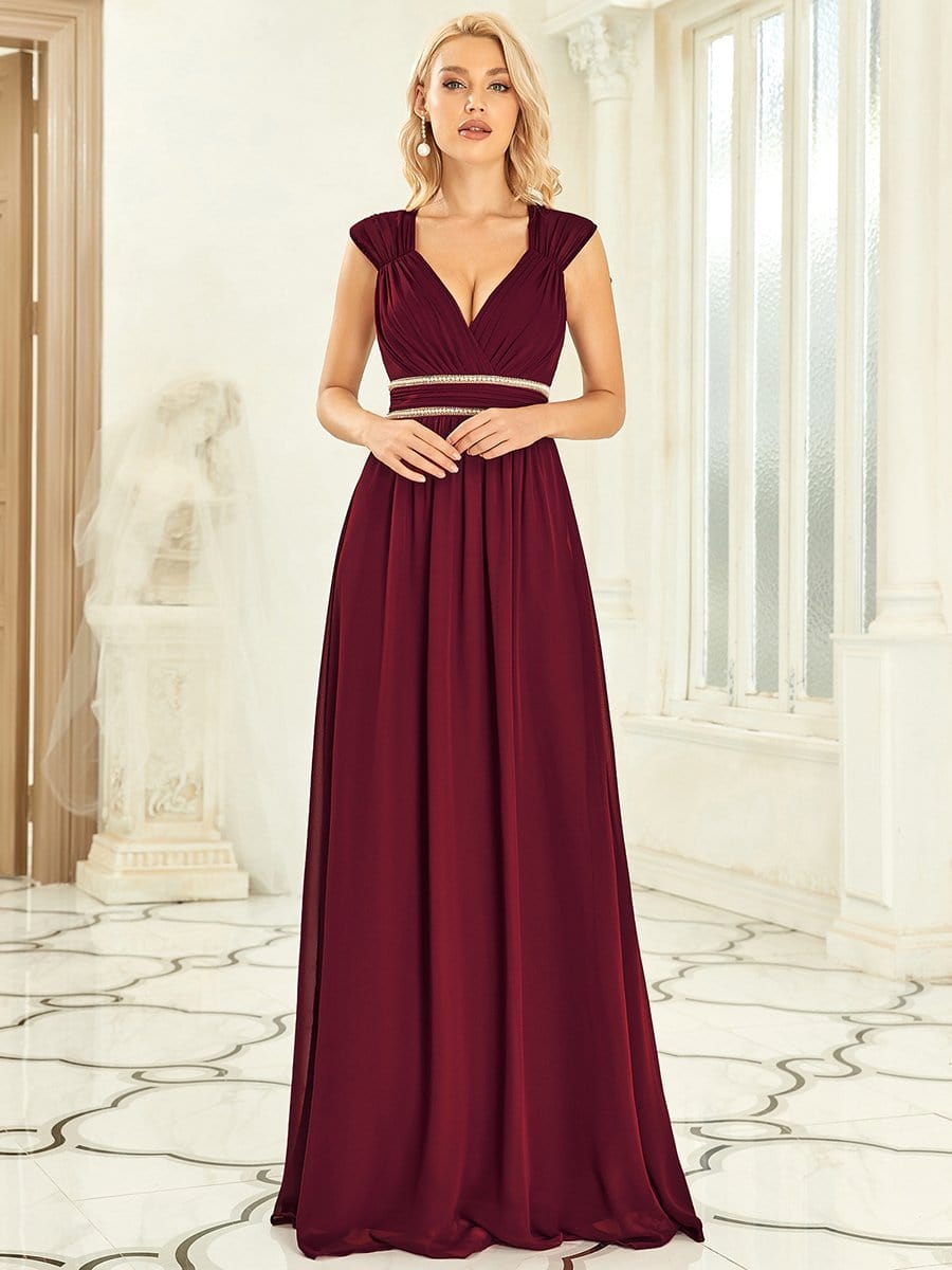 Stylish V Neck A-Line Bridesmaid Gown Featuring Waist Belt