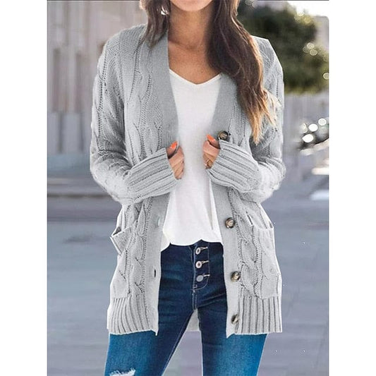 Stylish Women's Cable-Knit Buttoned Cardigan with Pockets