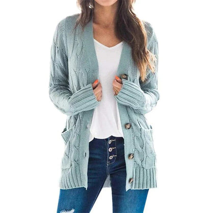 Stylish Women's Cable-Knit Buttoned Cardigan with Pockets