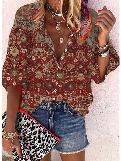 Stylish Women's Graphic Button Print Shirt Blouse with V Neck for Casual Chic