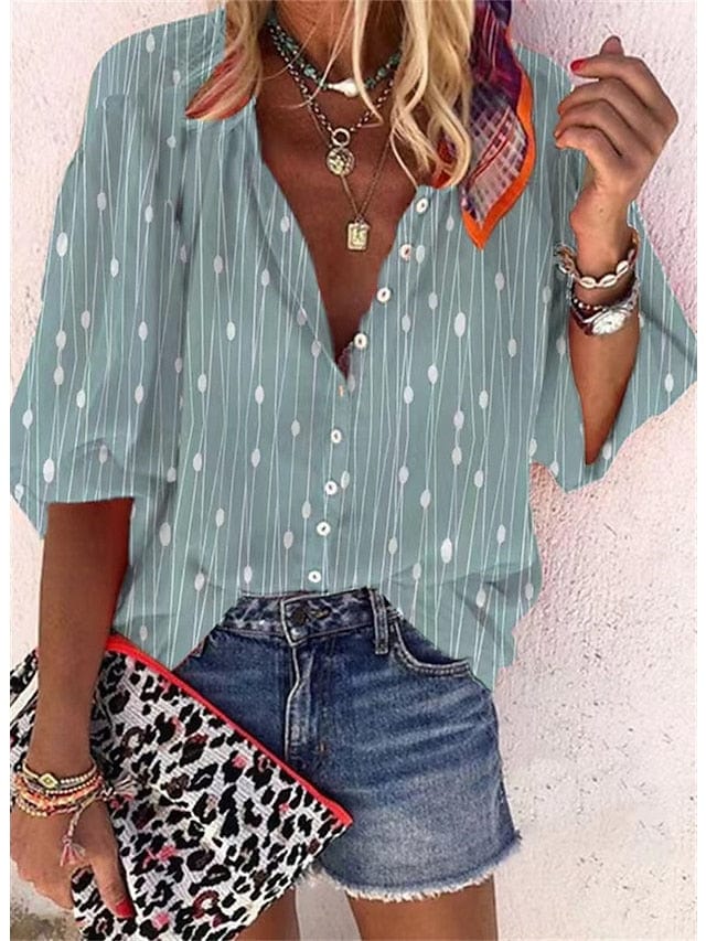 Stylish Women's Graphic Button Print Shirt Blouse with V Neck for Casual Chic