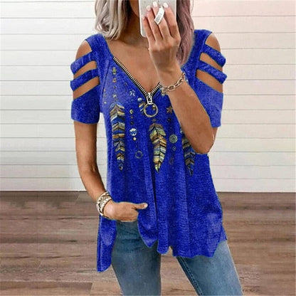 Stylish Women's V-Neck Blouse with Hollow-out Shoulders and Feather Print