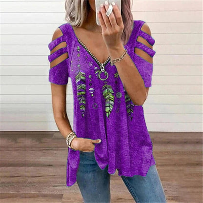 Stylish Women's V-Neck Blouse with Hollow-out Shoulders and Feather Print