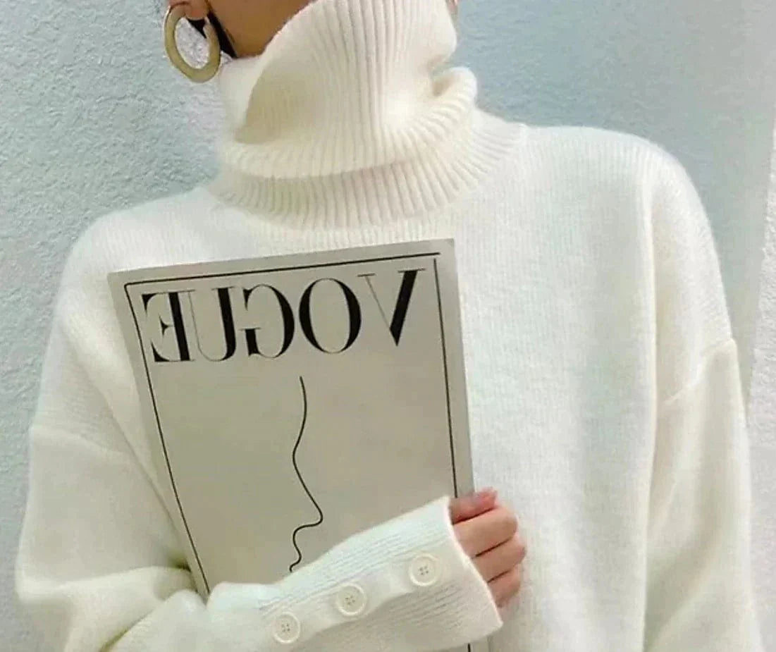 Stylish Women's White Crochet Knit Turtleneck Sweater