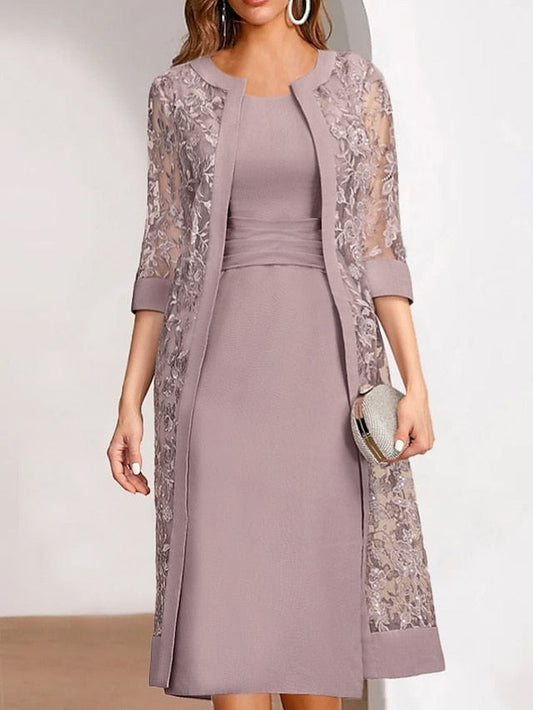 Summer Pink Lace Midi Dress Set with Mesh Top and Half Sleeves