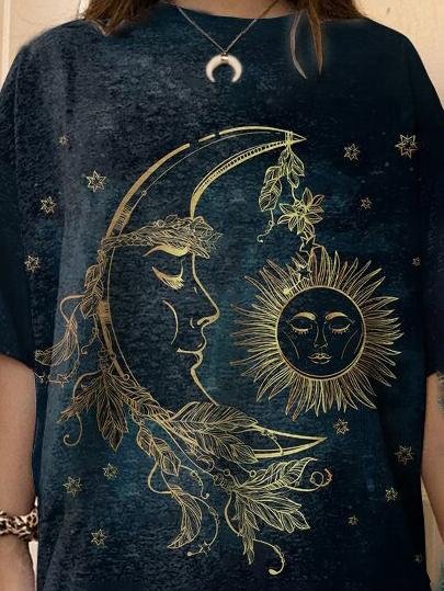 T-shirts - Sun & Moon Print Fashion Round Neck Women's T-shirt - MsDressly