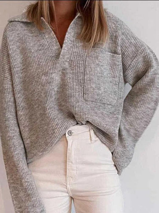 Sweaters Loose Solid Lapel Pocket Long Sleeve Sweater for Women