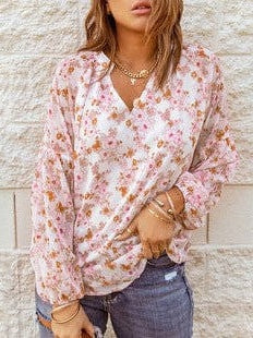 Sweet Floral Chiffon V-Neck Women's Shirt Top