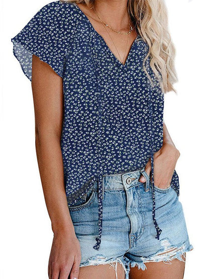 Sweet Floral Chiffon V-Neck Women's Shirt Top