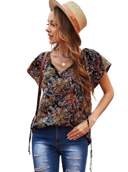 Sweet Floral Chiffon V-Neck Women's Shirt Top