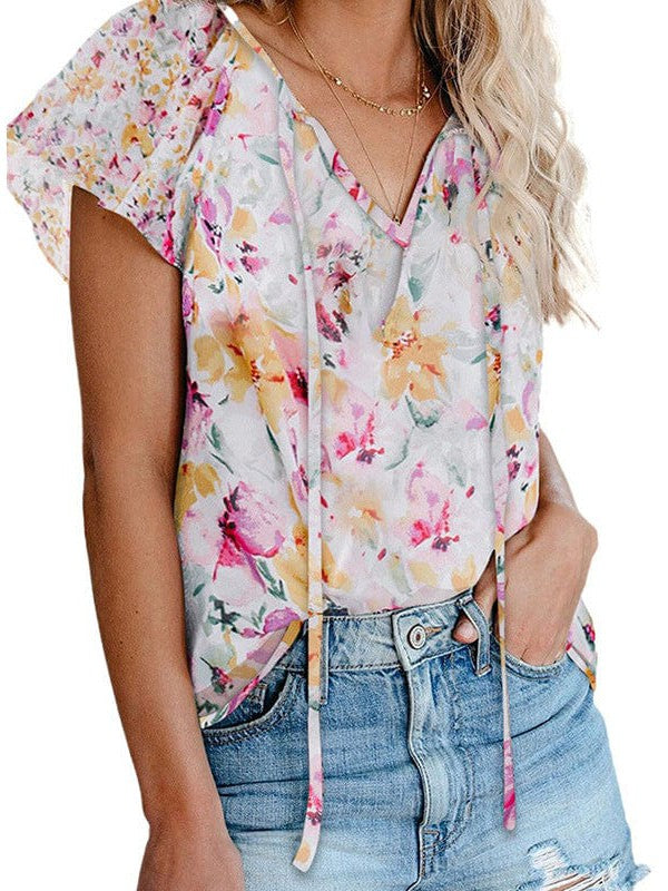 Sweet Floral Chiffon V-Neck Women's Shirt Top