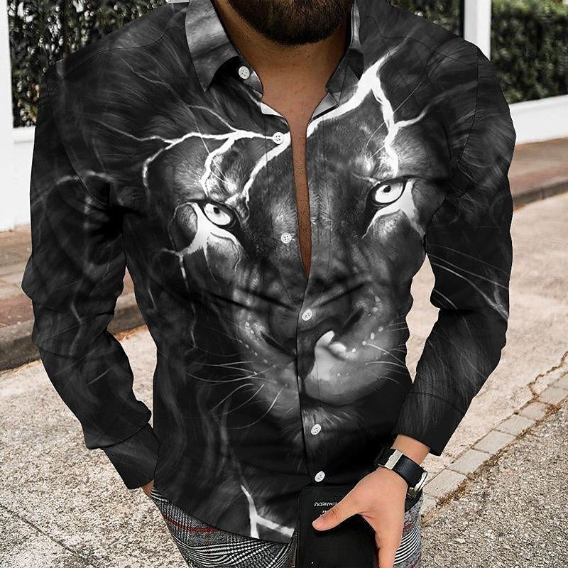 Men's Shirt Skull Lion Graphic Prints Poker Turndown Black / Red Black / White Black Blue Royal Blue 3D Print Outdoor Street Long Sleeve Button-Down Print Clothing Apparel Fashion Designer Casual Soft
