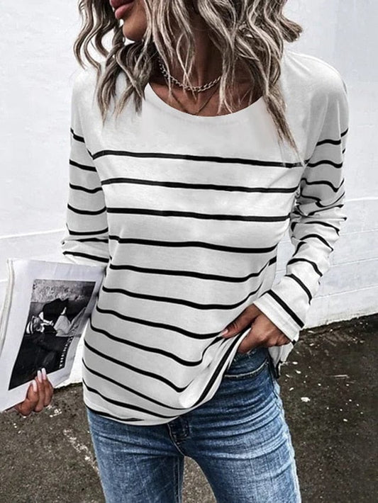 T shirt Tee Black White Pink Striped Print Long Sleeve Daily Weekend Basic Round Neck Regular Painting S for Women