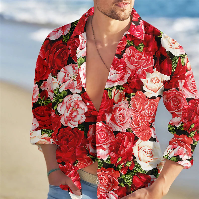 Hawaiian Floral Rose Men's Shirt with Vibrant Graphic Prints - Streetwear Designer Style