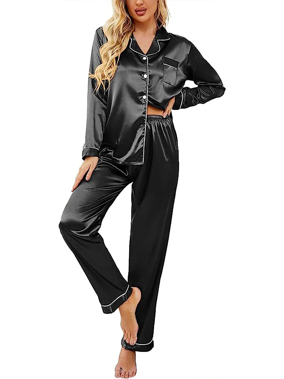 Satin Silk Lounge Sets for Women with Long Sleeve Shirt and Pants