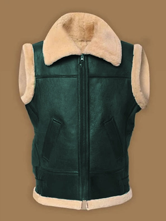 Vintage Retro Men's Leather Shearling Zip-Up Vest with Faux Fur Lining in Deep Green