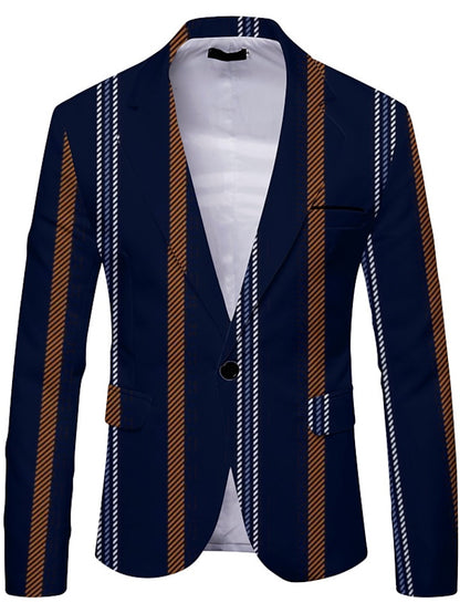 Warm & Stylish Men's Plaid Striped Navy Blue Brown Blazer