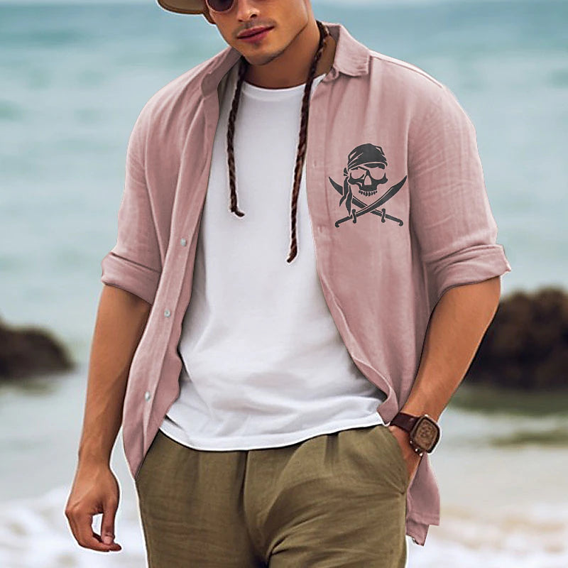 Pirate Skulls Casual Men's Shirt Linen Shirt Outdoor Daily Vacation Spring &  Fall Lapel Long Sleeve White, Pink, Army Green S, M, L Polyester Shirt
