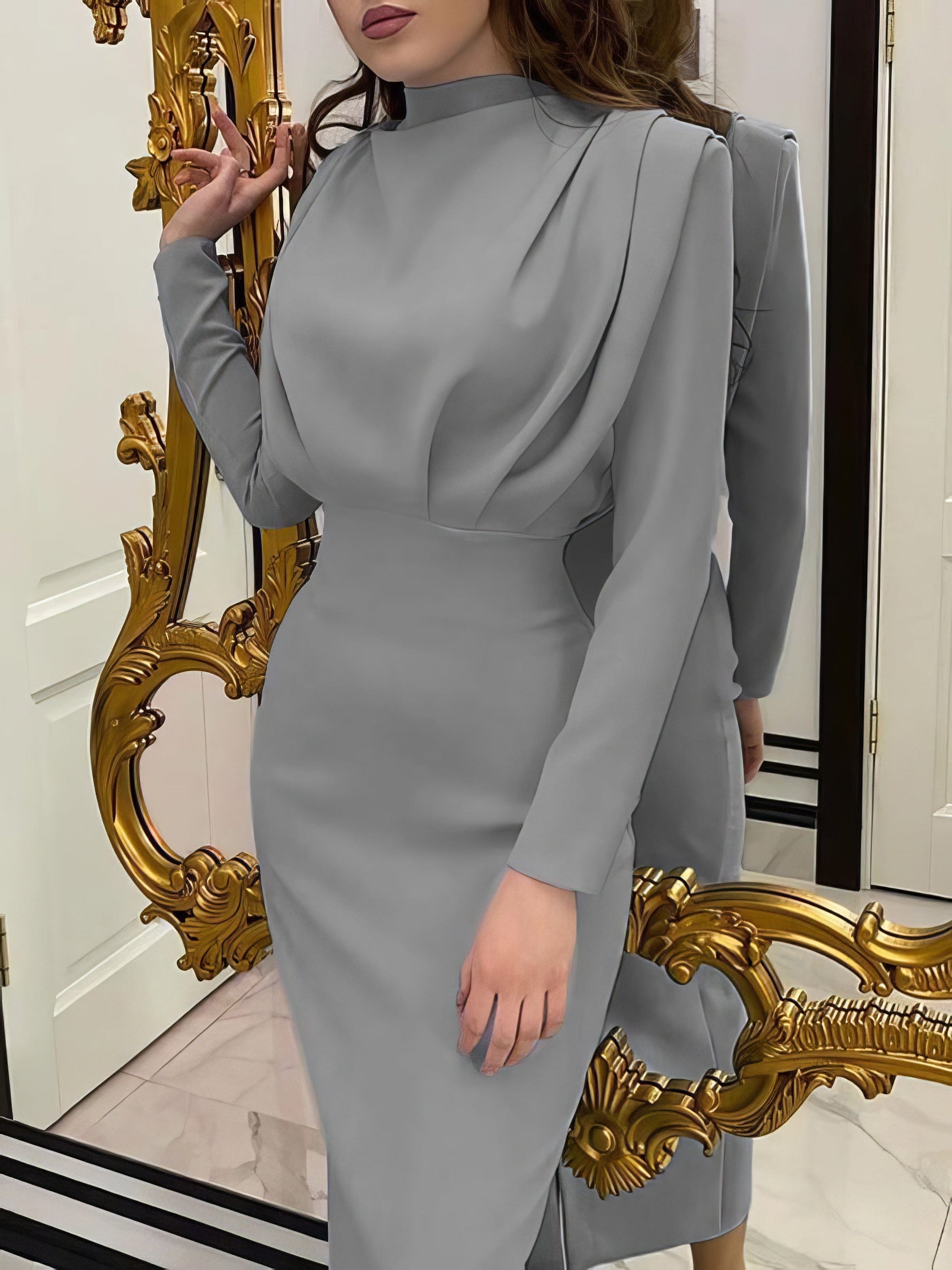 Temperament Solid High Collar Pleated Long Sleeve Dress
