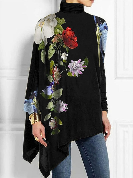 Floral Print Asymmetrical Long Sleeve T-Shirt for Women