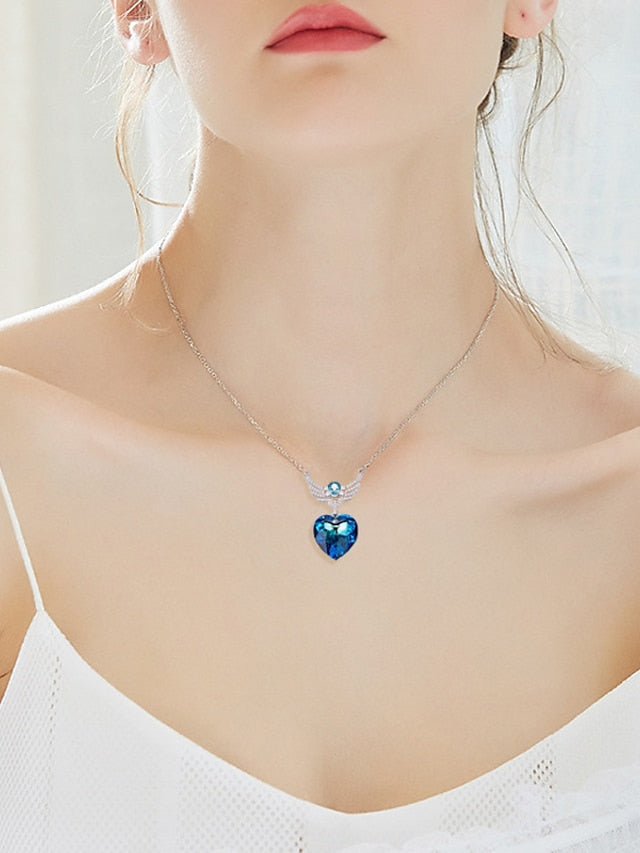 Romantic Blue Winged Heart Necklace for Fashionable Women