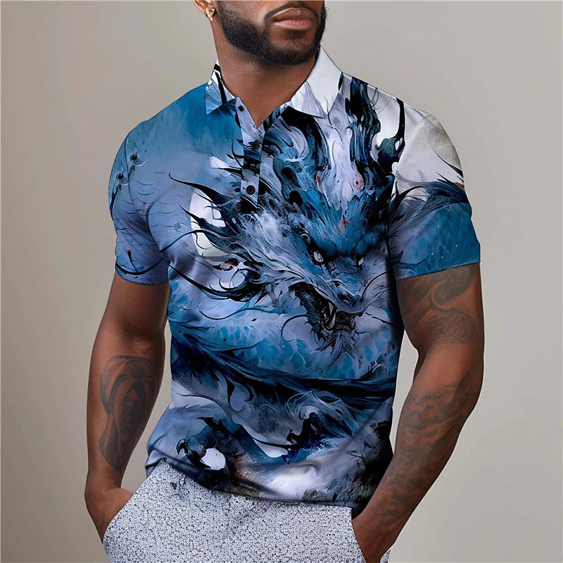 Dragon Men's Summer Color Block Polo Shirt with Lapel Neckline