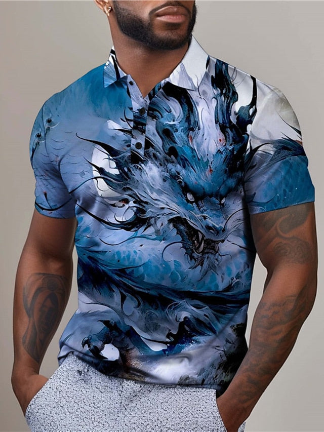 Dragon Men's Summer Color Block Polo Shirt with Lapel Neckline