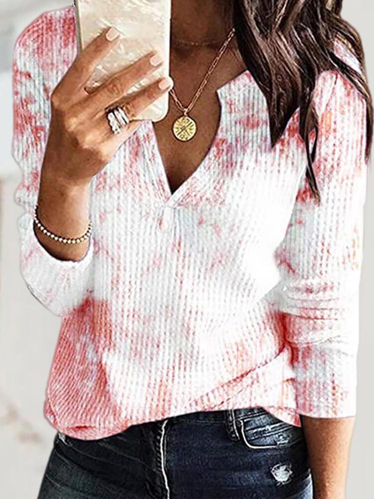 Tie Dye Print V Neck Long Sleeve Knit Top