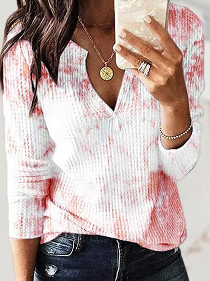 Tie Dye Print V Neck Long Sleeve Knit Top