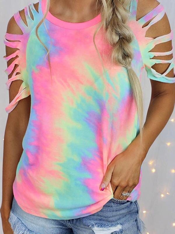 Tie Dye Printed Short Sleeve Off The Shoulder Casual T-shirt