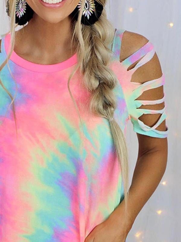 Tie Dye Printed Short Sleeve Off The Shoulder Casual T-shirt