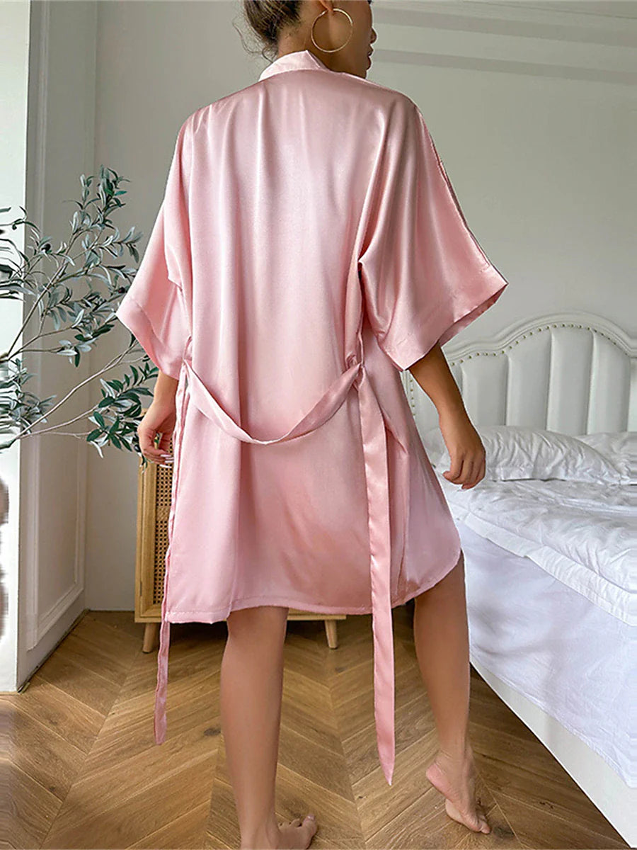 Sophisticated Pink and Khaki Satin Silk Pajama Robe Set with Coordinating Bathrobe