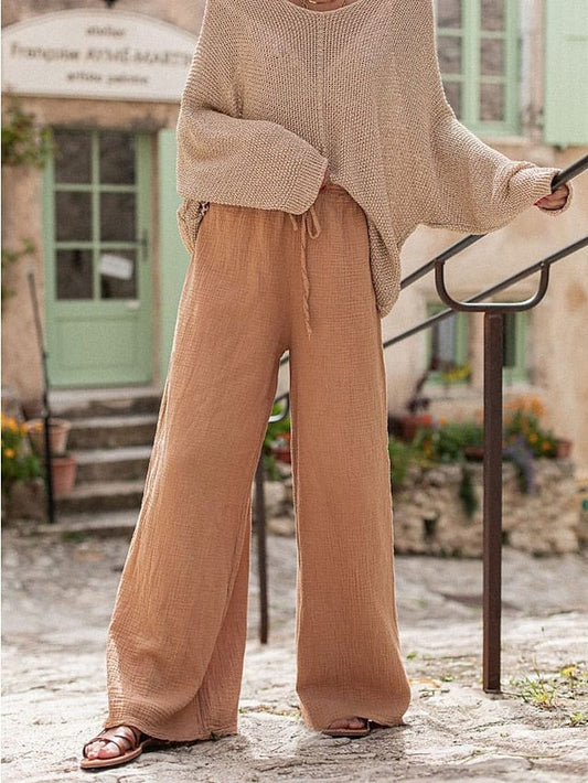Stylish and Breathable Wide Leg Linen Cotton Pants with High Waist and Drawstring